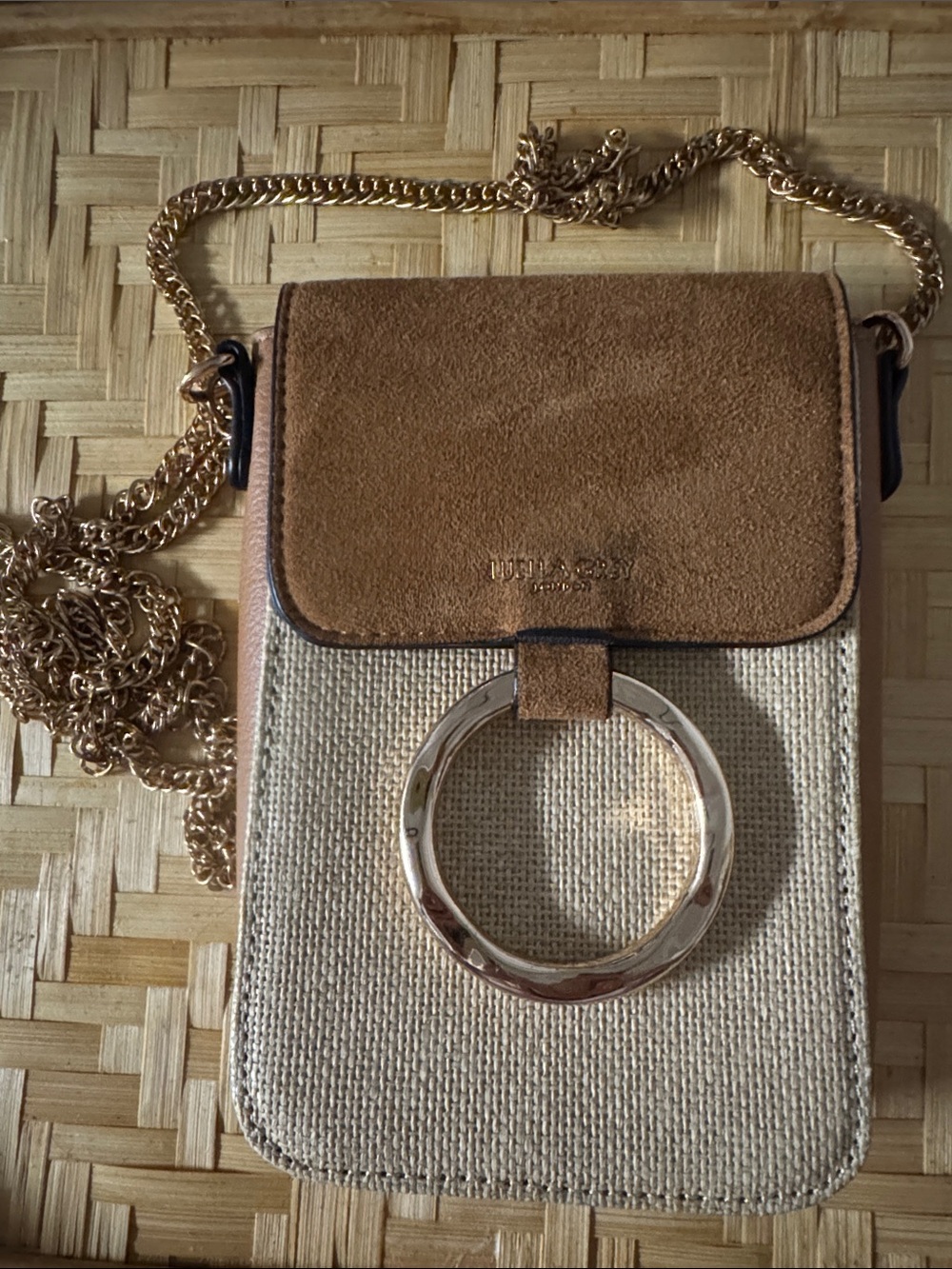 Small Suede and Canvas Luella Grey London Crossbody Bag Gold Ring Accent - Tan
